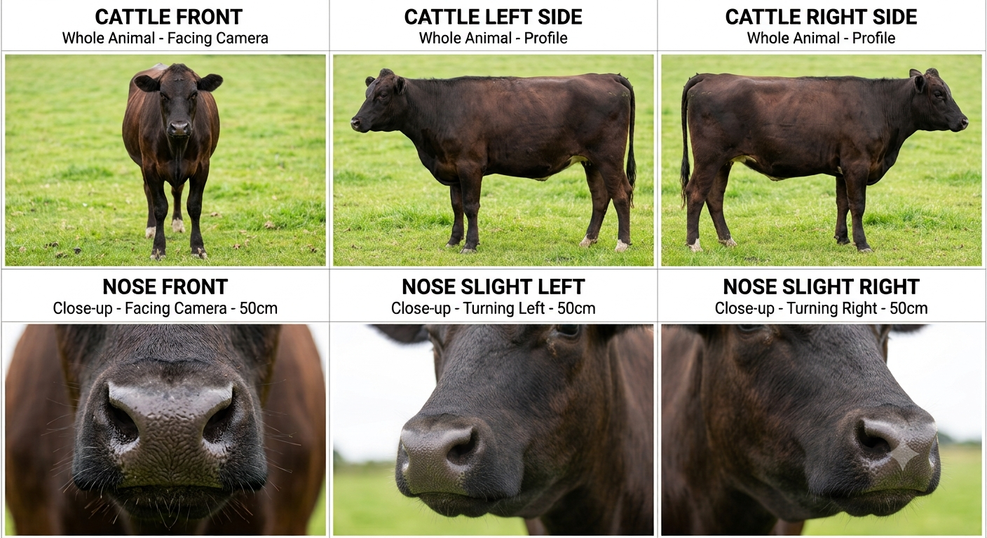 Sample cattle registration photos showing front, left side, right side and nose image positions